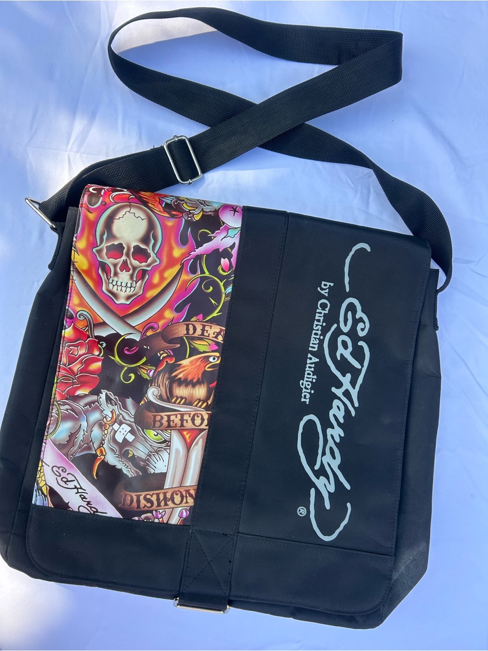 Ed Hardy Christian Audigier Black Messenger Bag with Multicolor Tattoo Print